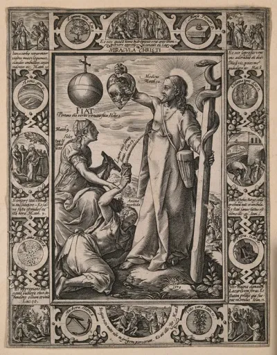 Christ holds up a glass heart filled with animals (sins) and cures a sick woman with the fluid from the wound in his side
