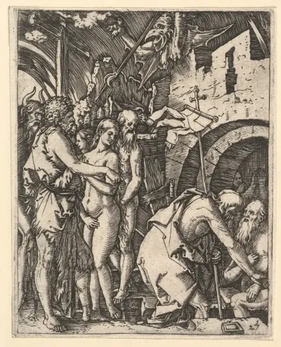 Christ in Limbo; Christ walking down to the arched gateway to Limbo on the right, on the left a group of people including Moses, John the Baptist, Adam and Eve, from "The Passion of Christ", after Dürer