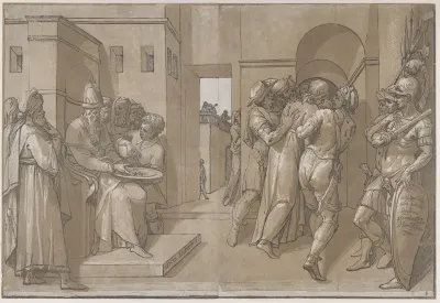 Christ is being led away, soldiers stand at the right (right side of sheet)