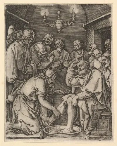 Christ kneeling and washing St Peter's feet, from "The Passion of Christ"