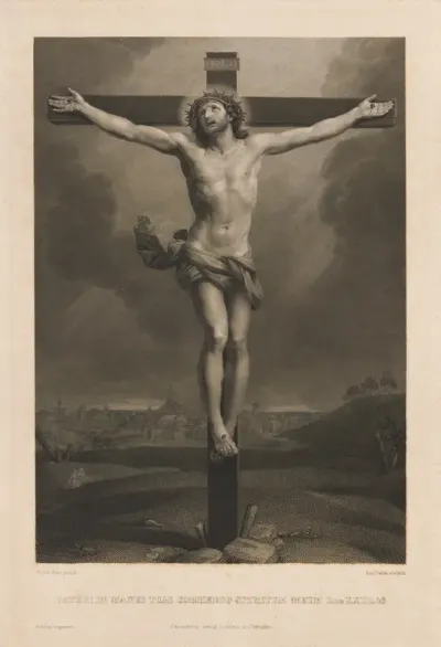 Christ on the cross, a town in the background, after Reni