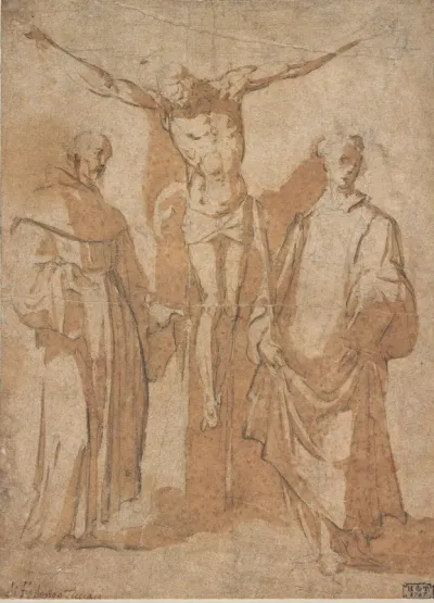 Christ on the Cross flanked by two Saints