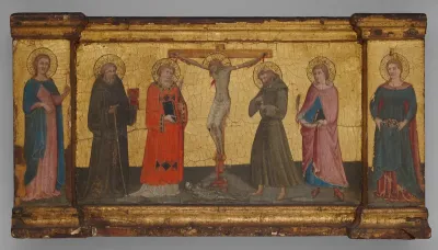 Christ on the Cross with Saints Margaret (?) Anthony Abbot, an unidentified deacon saint, Francis, Minias, and Dorothea
