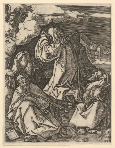 Christ praying on Mount of Olives; Roman soldiers entering through garden gate in far background, from "The Passion of Christ", after Dürer