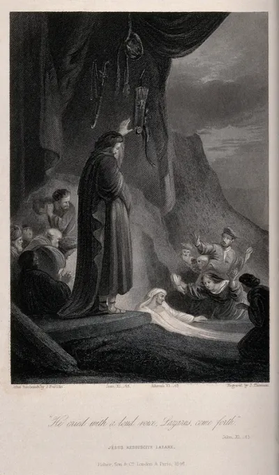 Christ raises Lazarus from his tomb; weapons hang from above
