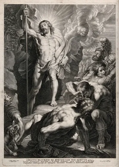 Christ resurrected emerges from his tomb