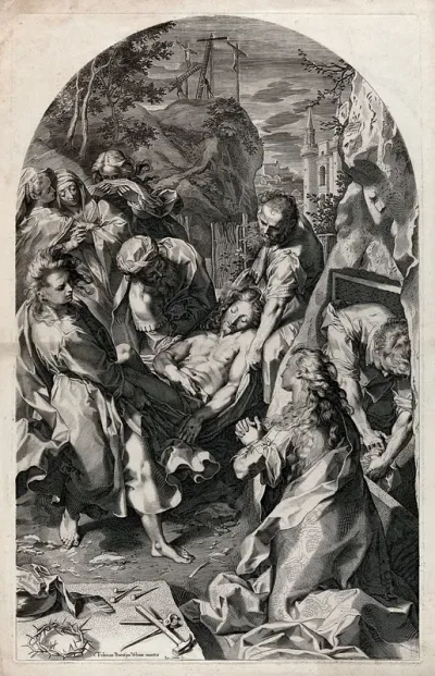 Christ's body is carried to its tomb; the lamenting women watch