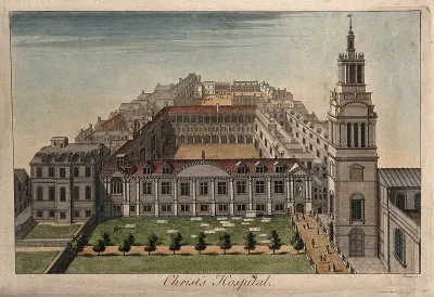 Christ's Hospital, London: a bird's-eye view, with bed sheets laid out to dry