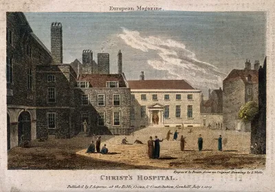 Christ's Hospital, London: the exterior, with boys playing