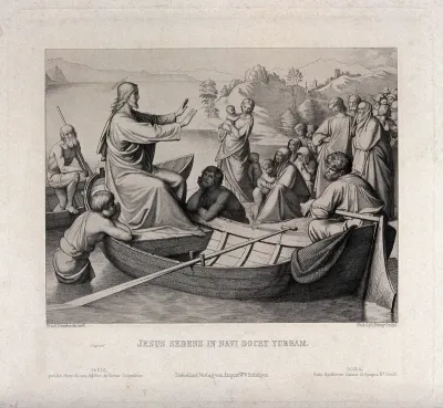 Christ, seated in a boat, pacifies the crowds on the shore