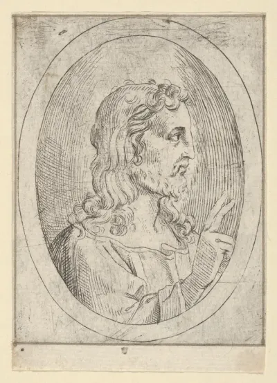 Christ seen in profile facing right, making the sign of blessing with his right hand, in an oval frame, from "Christ, the Virgin, and Thirteen Apostles"