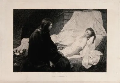Christ sits at the bedside of Jairus's sickening daughter