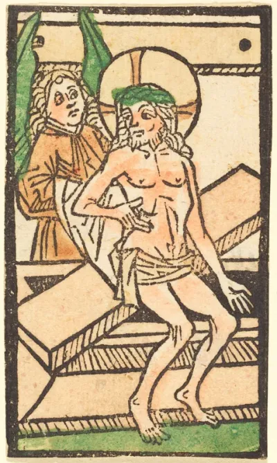 Christ Sitting on His Tomb with One Angel