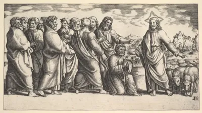 Christ standing at left indicating to a flock of sheep, before him kneels St. Peter holding the keys to the church, behind him to the left stand the Apostles