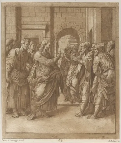 Christ standing before an entrance to a city surrounded by apostles addressing a group of men at right