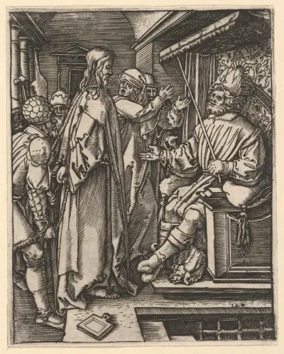 Christ standing, hands tied behind back, before Herod seated on throne, from "The Passion of Christ", after Dürer