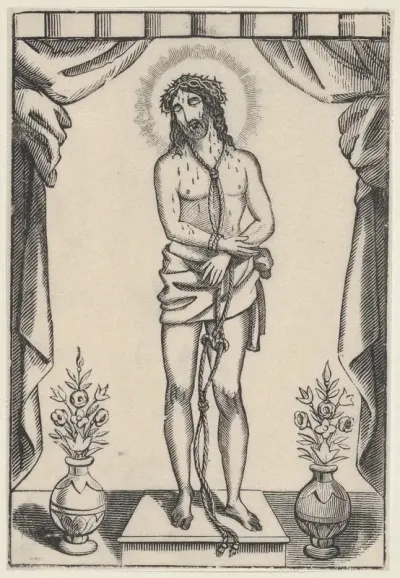 Christ standing, hands tied with rope