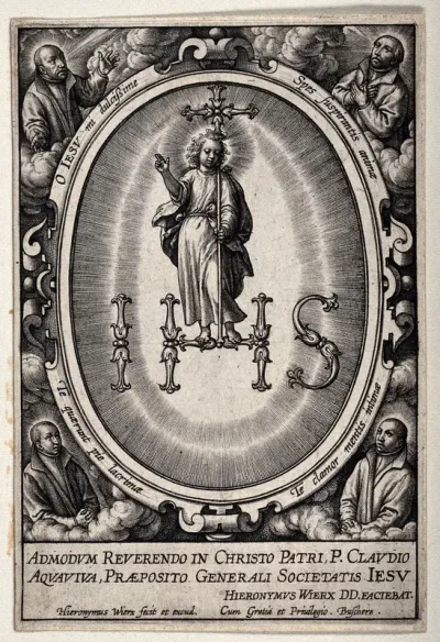 Christ standing within the monogram of the name of Jesus