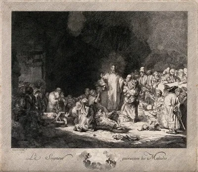 Christ stands among sick people and Pharisees ('The hundred guilder print')