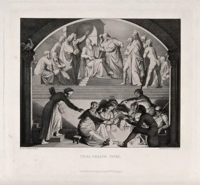 Christ stands before the high priest; Peter denies knowledge of Christ