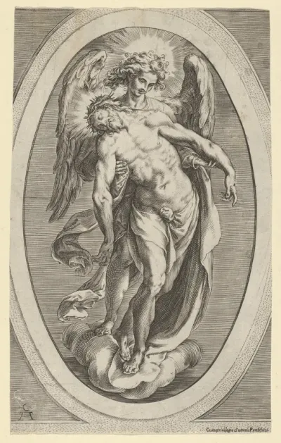 Christ supported by an angel standing on a cloud