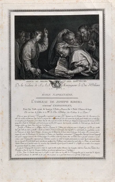 Christ teaches the doctors; while they scour books, he points upwards to indicate the source of his knowledge