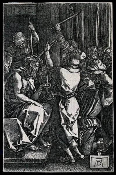 Christ, tied to a column, being whipped by two men
