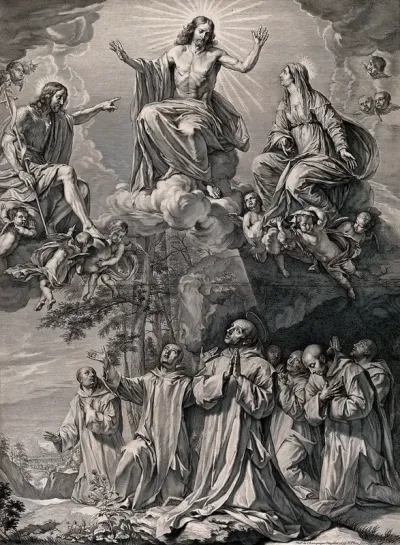 Christ with Saint John the Baptist, Saint Mary (the Blessed Virgin), angels, Saint Bruno and companions praying in the desert at Grande Chartreuse