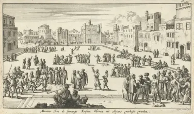 Christelijke gevangenen worden op een plein te Algiers als slaafgemaakten verkocht