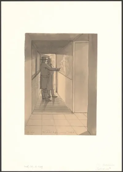 Christiaan Andriessen bekijkt met iemand een tekening of schildering in een gang