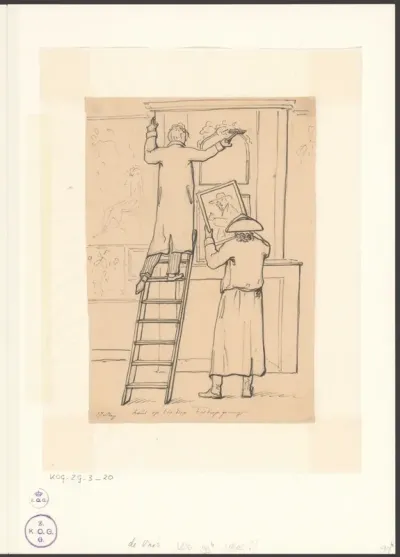 Christiaan Andriessen hangt een schilderij op