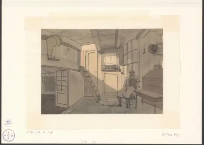 Christiaan Andriessen in de kajuit van het Harderwijker beurtschip naar Harderwijk