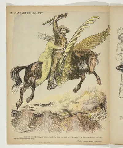 Christiaan de Wet en aan hem vastgeklampte vrouw (de Hoop van de Boeren) op gevleugeld paard