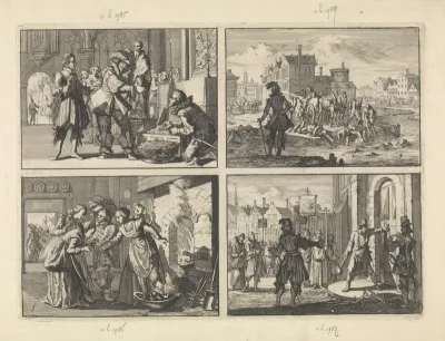 Christiaan, hertog van Brunswijk, vindt in de Dom van het door hem veroverde Paderborn schatten waaronder het gouden beeld van Liborius, 1622 / Johan 't Serclaes, graaf van Tilly, heeft Minden veroverd en laat zijn slachtoffers in Wertha werpen, 1626