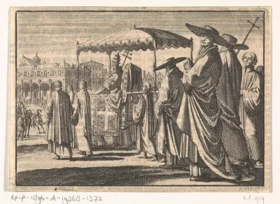 Christiaan IV, koning van Denemarken, als paus verkleed, bootst met zijn hovelingen een processie na, 1596