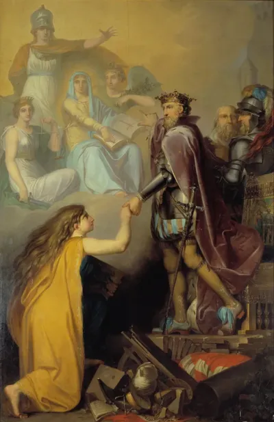 Christian III ophjælper Danmark. Allegori