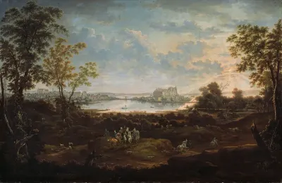 Christian Ludwig Count of  Mecklenburg Schwerin hunting with a view of  the Grandducal Schwerin castle on Lake Burg