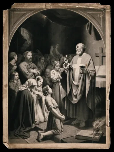 Christians in the catacombs celebrate the communion, threatened by Roman soldiers who are descending the stairs behind them