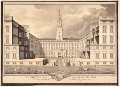 Christiansbourg Palais de Copenhague. Coupe de la grande facade de l'entrée de la premiere Cour