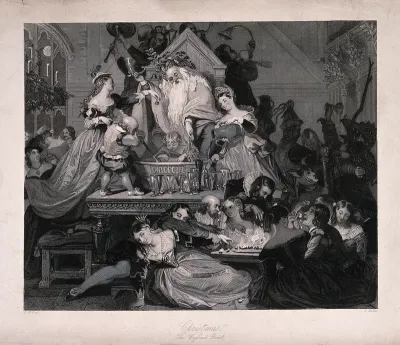 Christmas celebrated by people playing instruments, eating and drinking: a man with white hair and a long white beard sitting watching a small man stirring punch in a bowl