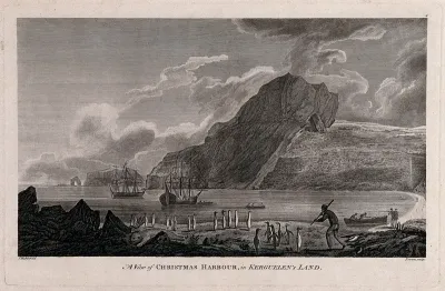 Christmas Harbour in Kerguelen Island (South Indian Ocean), Captain Cook's ships Resolution and Discovery in the bay