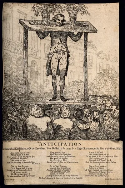 Christopher Atkinson pilloried as part of his sentence for cheating on the Navy Victualling Board; illustrated by a pillory embellished with sheafs of corn amidst a huge crowd outside the corn exchange