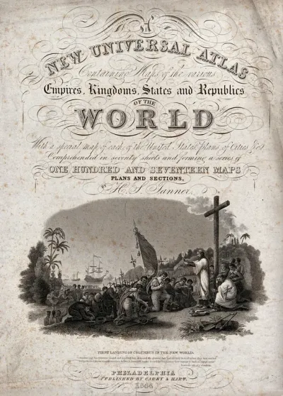 Christopher Columbus and his crew, arriving in America, kneel before the Cross as a priest holds up the Host; native Americans look on