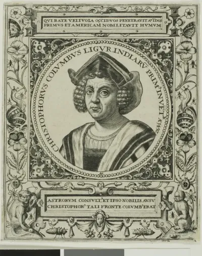 Christopher Columbus, frontispiece from volume 5 of Theodor de Bry's America