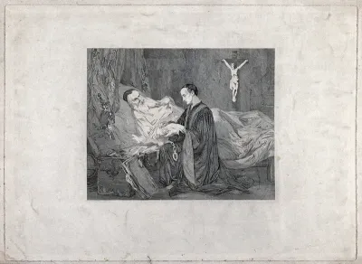 Christopher Columbus on his death bed with a young man kneeling at the bedside; an open chest full of documents beside