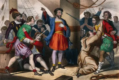 Christopher Columbus, on his ship, admonishes his men for their lack of courage