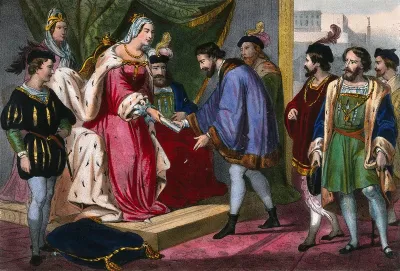Christopher Columbus receiving from Queen Isabella of Spain his nomination as Viceroy of the territories he will discover on his voyages