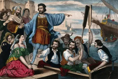 Christopher Columbus, surrounded by a crowd of people, is about to embark on his ship, August 1492