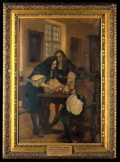 Christopher Wren making his first demonstration of a method of introducing drugs into a vein, before Dr Willis, 1667
