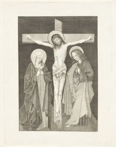 Christus aan het kruis, aan weerszijden Maria en Johannes